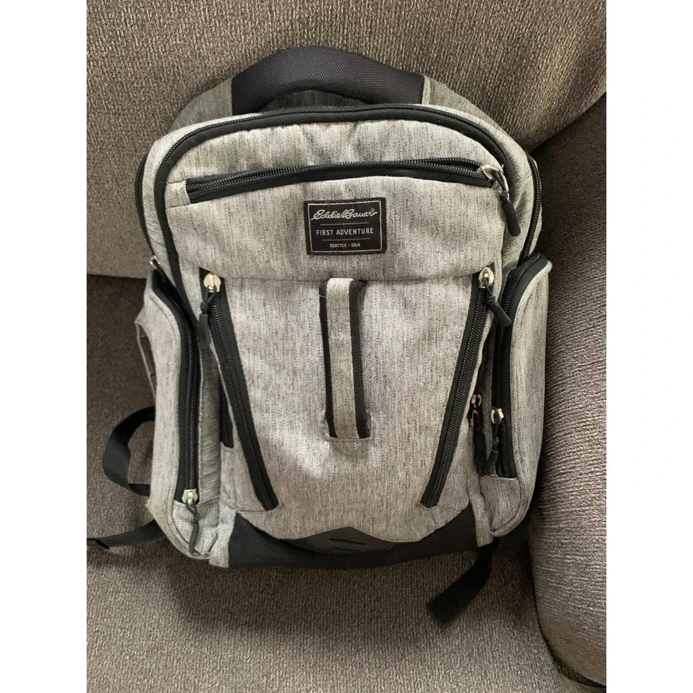Eddie Bauer First Adventure Diaper Bag Backpack Heather Grey Multi Pocket